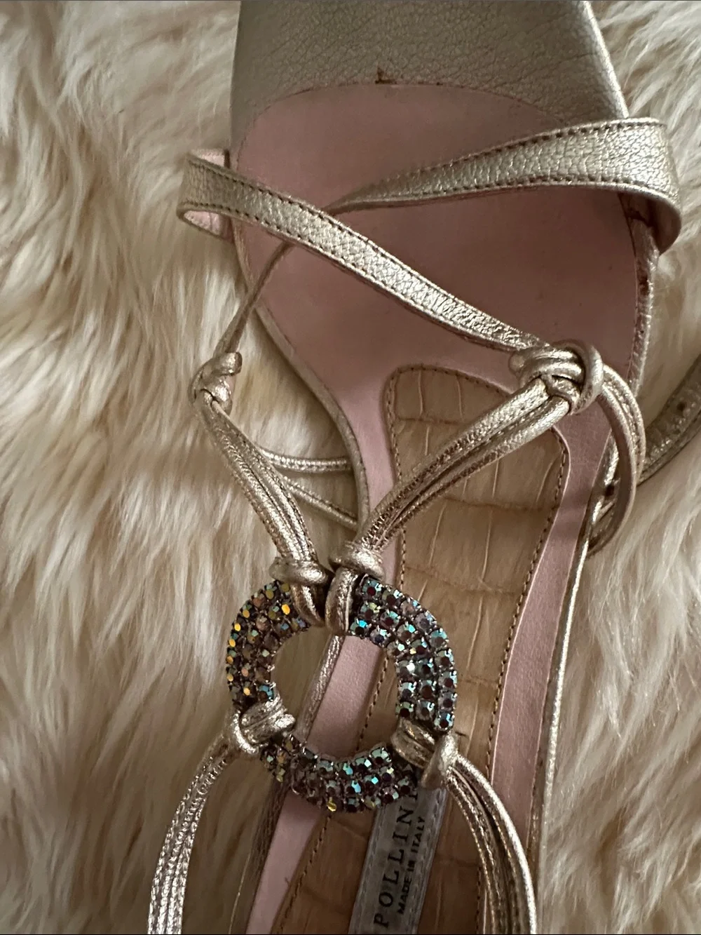 Pollini Metallic Gold Strappy Sandals with Pink Insole and Crystal Ring